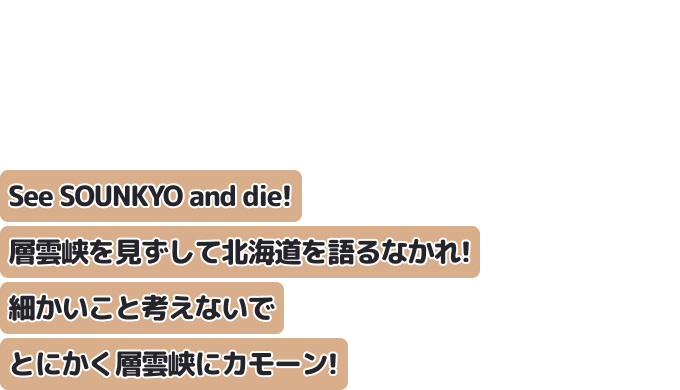 See SOUNKYO and die！層雲峡を見ずして北海道を語るなかれ！
細かいこと考えないでとにかく層雲峡にカモーン！