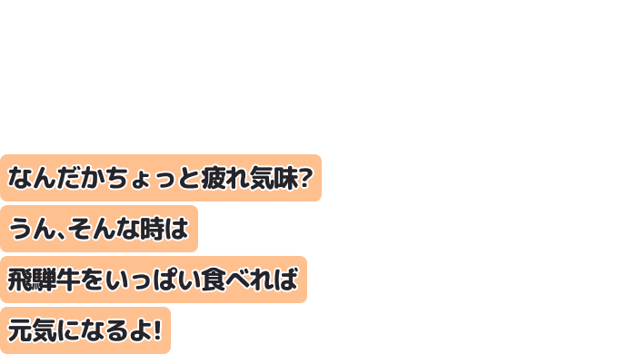 なんだかちょっと疲れ気味？
うん、そんな時は飛騨牛をいっぱい食べれば元気になるよ！