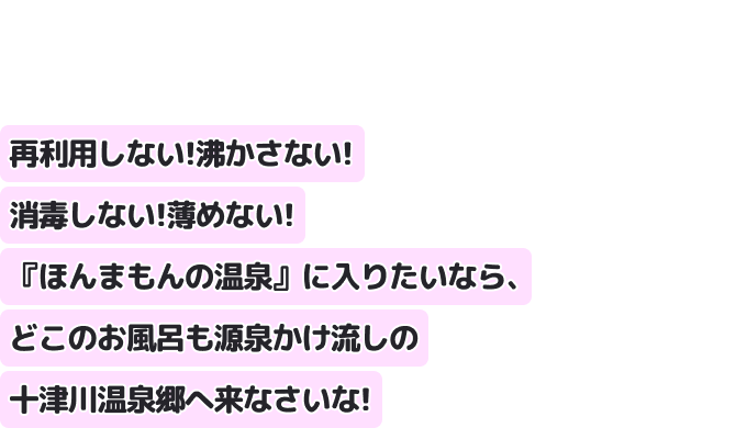 再利用しない！沸かさない！消毒しない！薄めない！『ほんまもんの温泉』に入りたいなら、どこのお風呂も源泉かけ流しの十津川温泉郷へ来なさいな！
