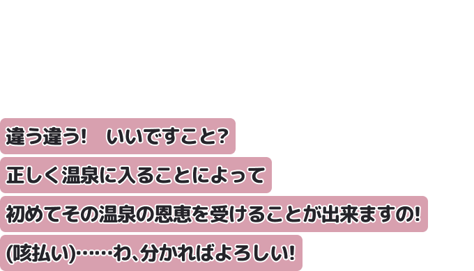 違う違う！　いいですこと？　正しく温泉に入ることによって
初めてその温泉の恩恵を受けることが出来ますの！（咳払い）
……わ、分かればよろしい！